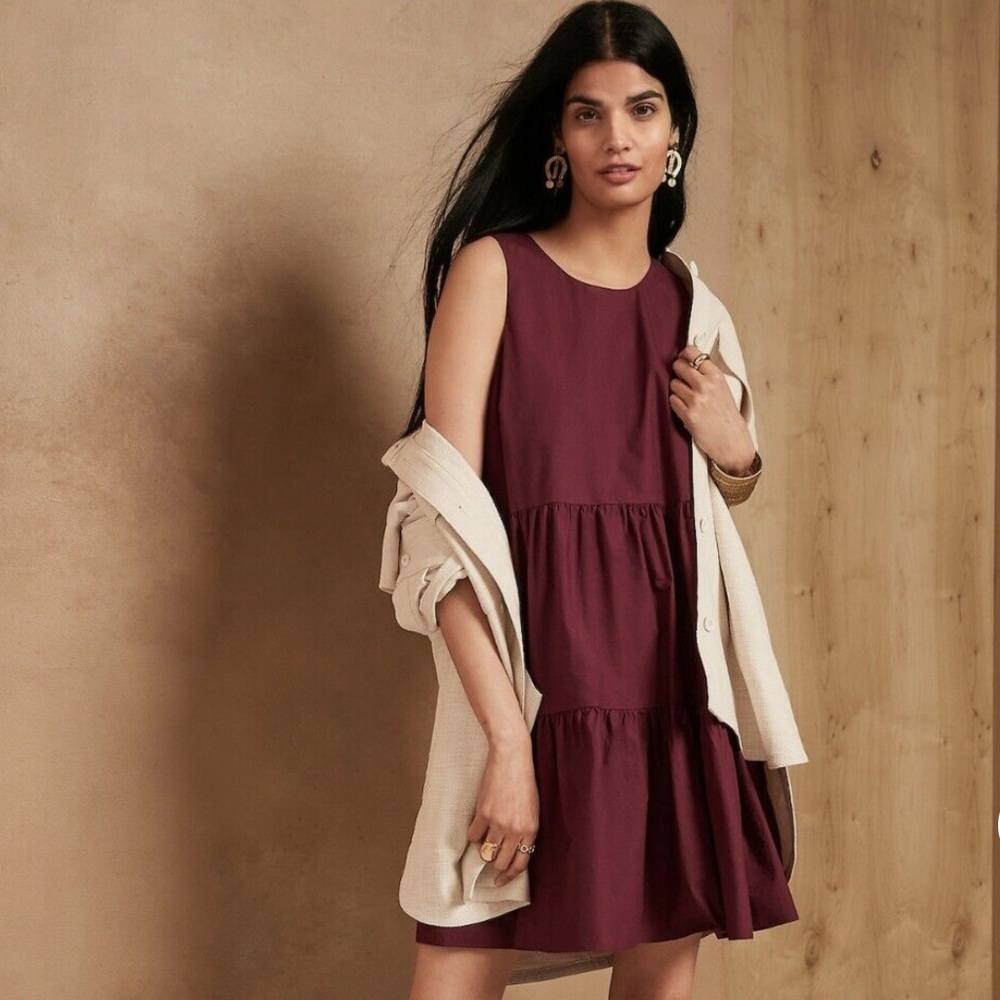 Banana Republic Poplin Tiered Mini Dress Dark Cherry